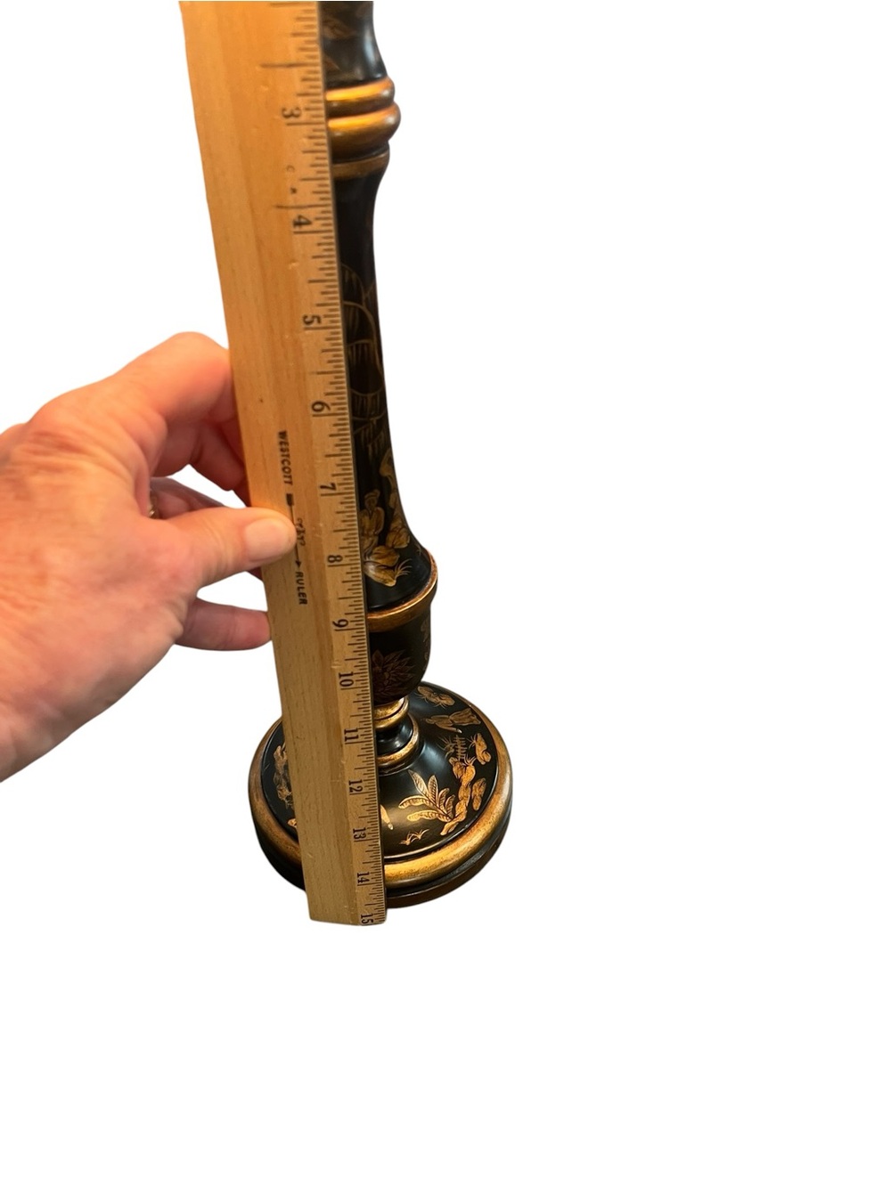 Chinoiserie Black Gold Tole Candlestick Lamp Vintage Hand Painted - Picture 2 of 16